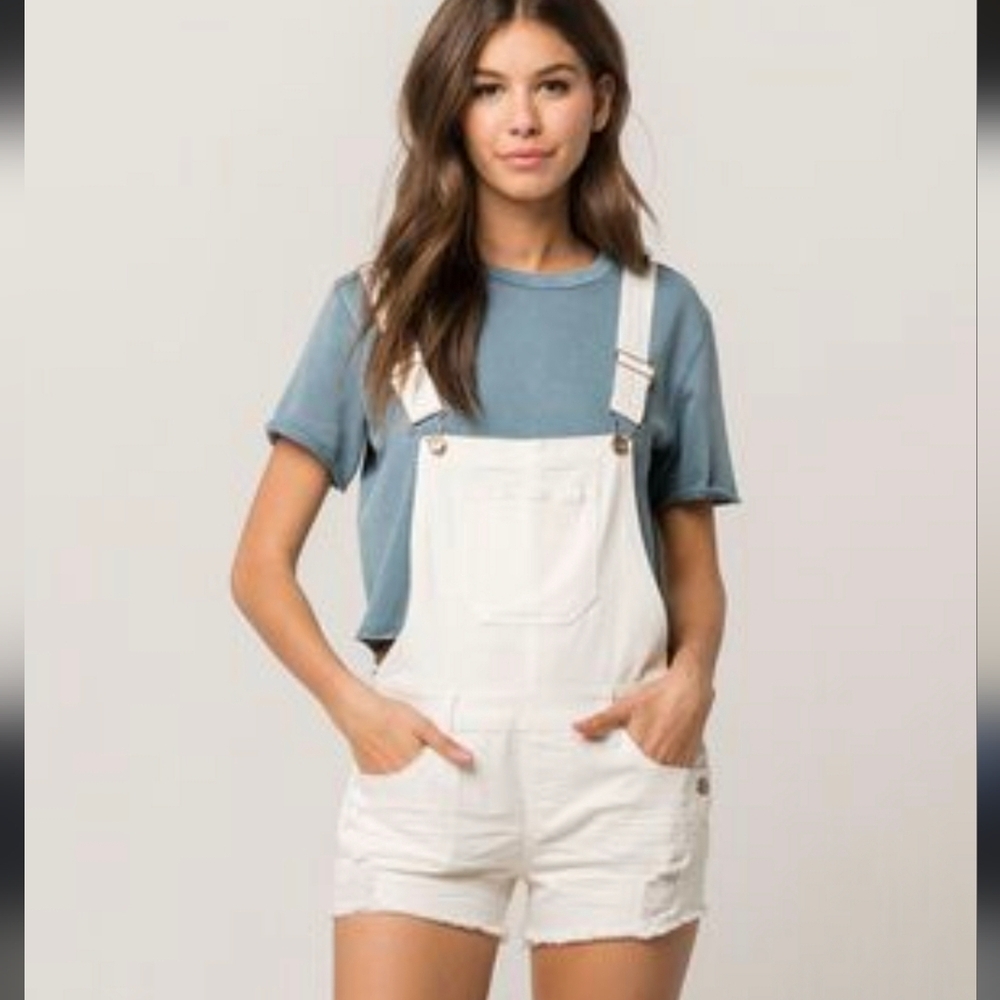 Women's White Denim Adjustable Bib Overalls Baggy Shorts Jumpsuits Pockets Sz 8